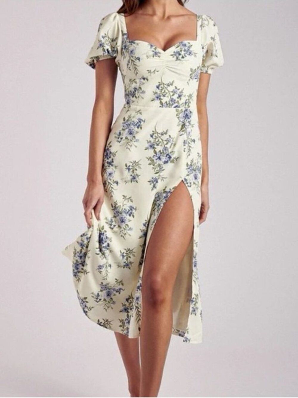MESHKI Julia Floral Midi Dress Ivory Blue XS Boho Cottagecore Wedding Guest